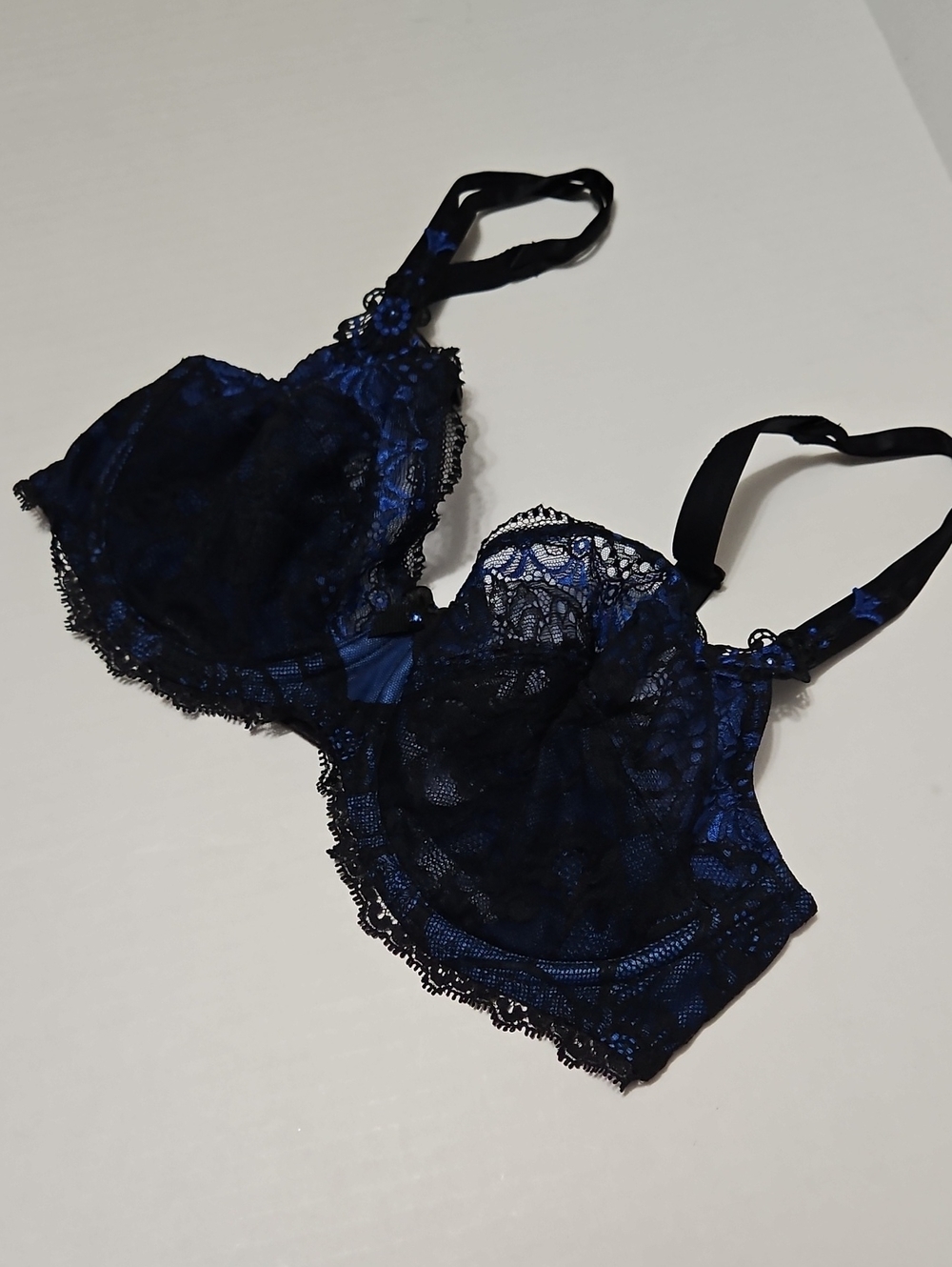 Lace Underwire Sexy Sheer Bra - Blue & Black Size 32E